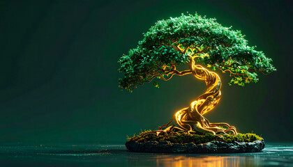 Luminous bonsai tree with a twisted golden trunk radiating ethereal light, representing spiritual growth, tranquility, and the magic within nature