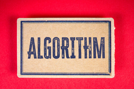 Algorithm concept with vintage style cardboard sign on red background. Computer science, data processing, artificial intelligence, system logic and digital technology - Powered by Adobe