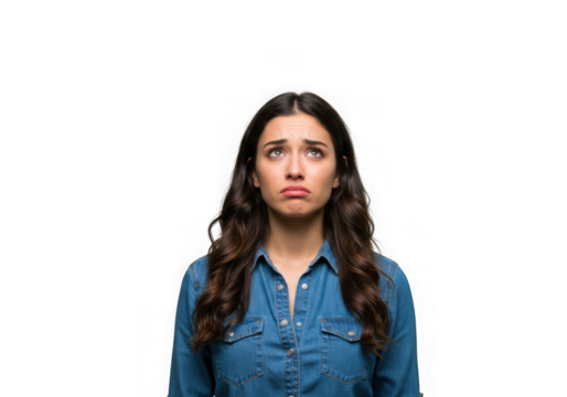Distraught young woman with a sad expression isolated on transparent background