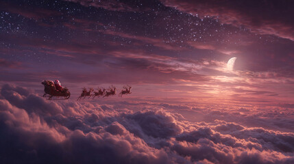The scene portrays a magical flight above a sea of fluffy clouds at night. A figure dressed in red sits in a vehicle led by several deer through the sky