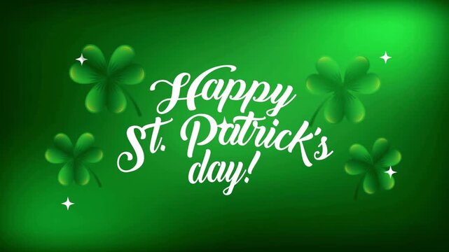 Animation of happy st patrick's day text with clover leaves pattern on green background 4k