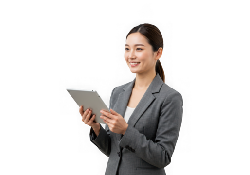 Smiling asian businesswoman holding a tablet isolated on transparent background - Powered by Adobe
