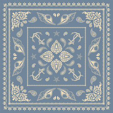 scarf and shawl pattern design. Scarves with flower and sea item combination ornament, beach festival print