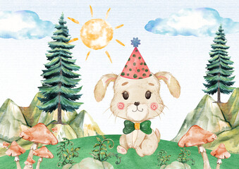 Cute Rabbit Watercolor, Woodland Forest Nursery Decor, Animal Illustration for Kids, Clipart for Children’s Books and Cards