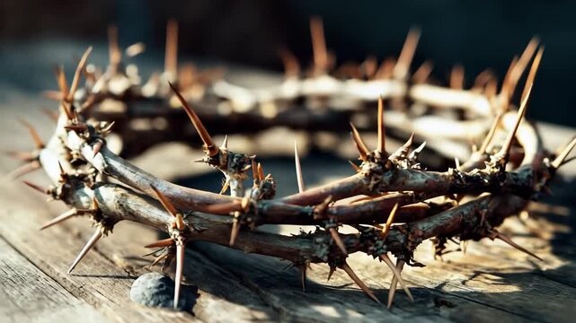 Thorny crown representing the suffering of Jesus during the crucifixion, resting on a wooden surface, symbolizing sacrifice and faith in a solemn setting