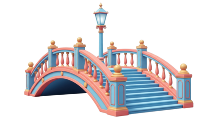Charming pink and blue bridge with lamppost isolated on transparent background
