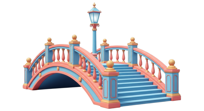 Charming pink and blue bridge with lamppost isolated on transparent background