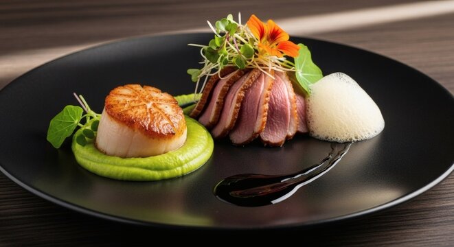 Indulge in upscale dining with this exquisite seared scallop and duck breast masterpiece, complete with vibrant microgreens and a delicate foam garnish - Powered by Adobe