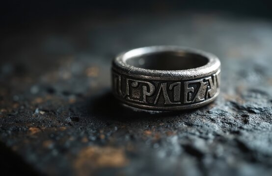 Close-up of silver ring engraved with runes. Dagaz rune signifies positive change, impacting material, spiritual life. Symbolic jewelry piece rests on textured, dark surface, exuding mystery, ancient