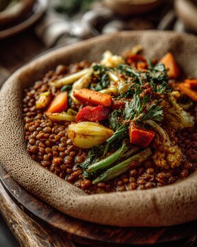 Ethiopian lentil stew (misir wot) with vegetables served on injera bread