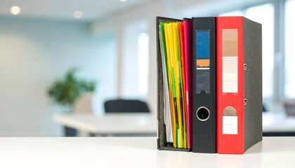Colorful folders stacked on a table in an office