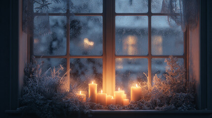 The image depicts a window adorned with lighting and foliage. The window, covered in condensation, obscures the view outside. Lighting sits on the windowsill, nestled among frosted greenery