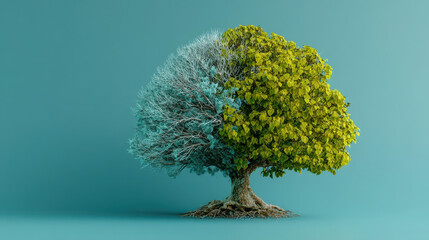 Surreal depiction of a midlife crisis represented by a tree split between lush green leaves and bare branches