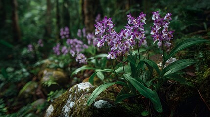 Obraz premium Wild orchid clusters dance like jewels on mossy stone walls in a shady rainforest.