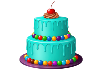Two tier cake with turquoise icing isolated on transparent background