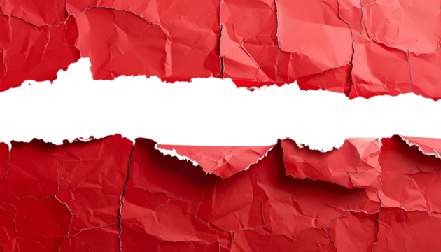 Torn red paper appears isolated on transparent background, showing realistic ripped texture and jagged edges, perfect for design, scrapbooking, digital art, presentations, creative projects, graphic d