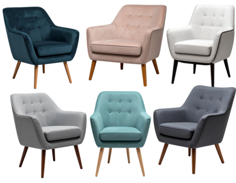  Firefly_collection of midcentury modern arm chairs in various colors isolated on a transparen 