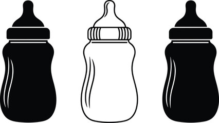 Baby bottle silhouette set, infant feeding containers vector illustration for parenting and nursery design