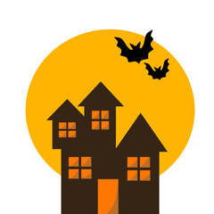 Halloween Moon and Bat House Illustration