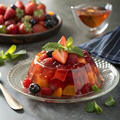 A sparkling jello mold filled with vibrant fresh fruits and topped with fresh mint