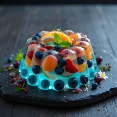 A creatively shaped jello mold with embedded berries and citrus slices, garnished with mint sprigs and tiny edible flowers