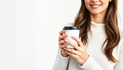 Fototapeta premium Young woman holding coffee cup while smiling in a cozy sweater 