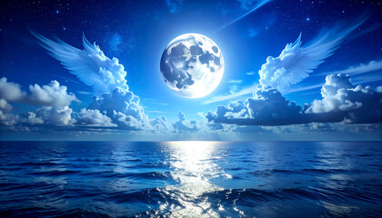 A mesmerizing ocean scene under the enchanting night sky, where celestial wings embrace the full moon, creating a magical atmosphere and peaceful ambiance