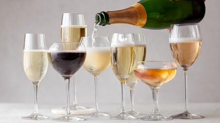 Champagne being poured into elegant glasses, showcasing a variety of wines including red, white, and sparkling, arranged artistically on a soft surface, perfect for celebration and toasting moments