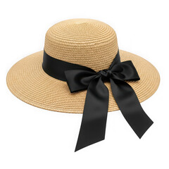 Straw sun hat with black ribbon and bow isolated on transparent background