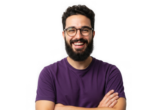 Smiling bearded man with glasses isolated on transparent background is cheerful