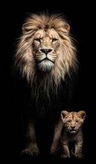Majestic lion and its cub, a powerful duo, stand out against a striking black background.