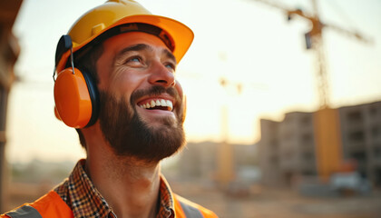 Smiling construction worker with yellow hard hat, orange ear protection looking up outdoors. Man wears safety vest, plaid shirt. Expression shows satisfaction, pride in job. Sunny weather at building