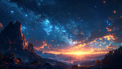 An epic fantasy dreamscape of a serene valley where glowing mountains are silhouetted by a celestial sunset under an awe-inspiring starry night sky
