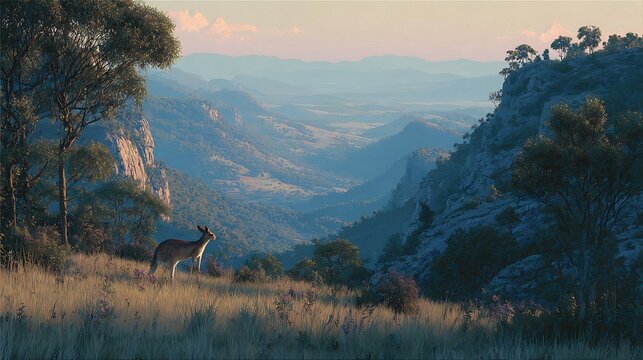 Kangaroo grazing in a valley with soft light - Powered by Adobe