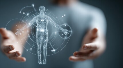 Holographic human body displayed in a person's hands, futuristic and ethereal