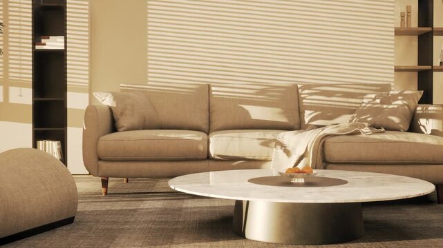 A sunlit living room with sunlight moving across the couch and floor. Timelapse.
