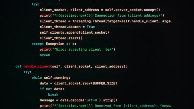 Computer screen with running lines of program code. Programming script in a terminal, used in coding, software engineering and data science. 