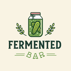 Fermented bar logo illustration with pickles in jar and leaves on beige background