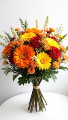 Obraz premium Vibrant floral bouquet features orange gerberas, yellow daisies, red roses with rich green foliage. Hand-tied with twine on white background, arrangement brings summer, spring vibes. Ideal for