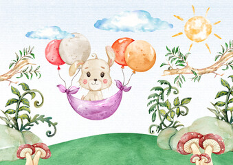 Cute Rabbit Watercolor, Woodland Forest Nursery Decor, Animal Illustration for Kids, Clipart for Children&rsquo;s Books and Cards
