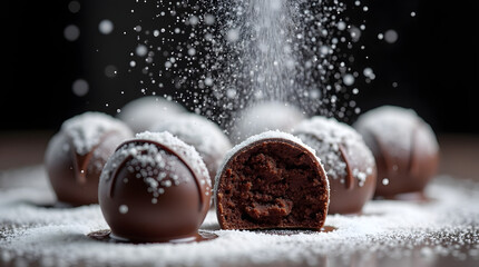 Extreme detail of powdered sugar falling on chocolate truffles.