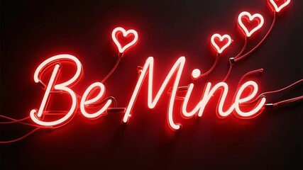Vibrant neon sign glows 'Be Mine' with romantic hearts, perfect for love stories - Powered by Adobe