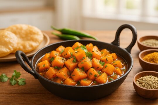Spicy North Indian Pumpkin Fennel Amchur Sabzi. Spicy kaddu sabzi with fennel seeds and amchur, cooked in a black kadai and styled with puri and aromatic masala bowls.