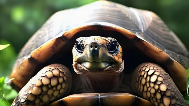 A tortoise peeking out from its shell among green leaves.