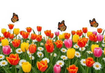 Colorful tulip field with butterflies isolated on transparent background