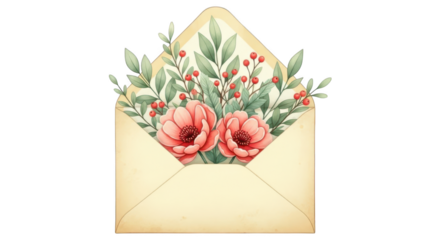 Watercolor envelope with flowers isolated on transparent background for your design
