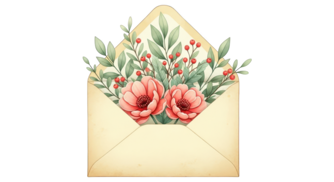Watercolor envelope with flowers isolated on transparent background for your design