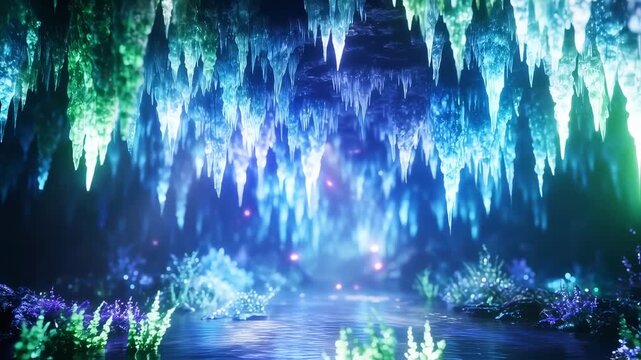 Enchanting Underwater Cave with Glowing Stalactites and Magical Reflections