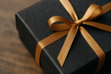 Elegant black gift box with a gold ribbon bow. A symbol of celebration, holidays, surprise, and luxury. Perfect for holidays or Black Friday sales