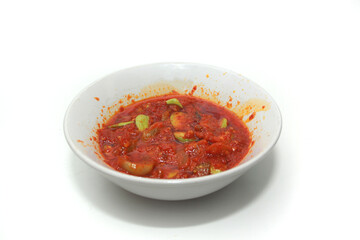 close up of petai beans in sambal sauce food background, with copy space. Perfect for recipe, article, or any cooking contents